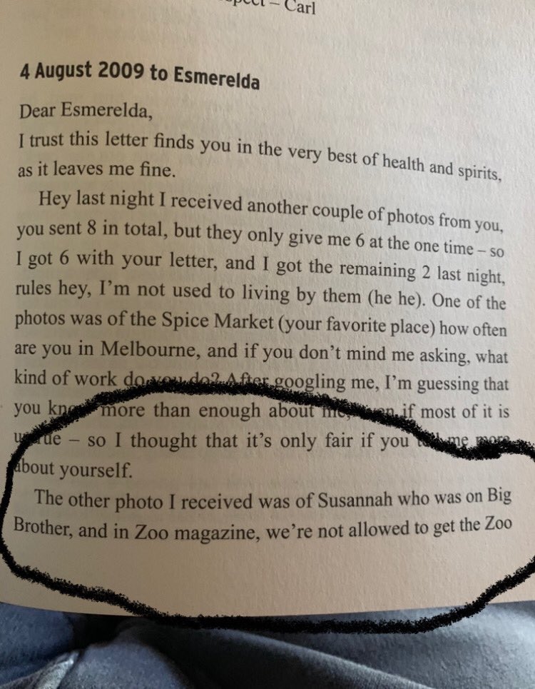 SusieQhatesYou's tweet photo. So today someone sent me an excerpt from #CarlWilliams book βLife Sentence, My Last Eighteen Monthsβ where it turns out he was an old fan of mine but couldnβt smuggle the pics into jail. Iβm buying the book to read the rest #booktopia #zooweekly #bigbrother #lettersfromjail https://t.co/SiDSzAWFS3