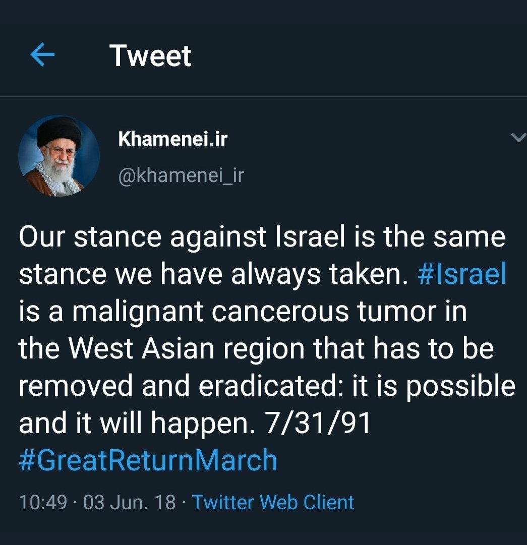 <a href="/ComfortablySmug/">Comfortably Smug</a> <a href="/benshapiro/">Ben Shapiro</a> This Tweet is still up, calling for the eradication of Israel, posted by a man who routinely posts violent threats on the @Twitter platform. 

Question for <a href="/jack/">jack</a> @TwitterSafety: How is this account not *permanently suspended due to the risk of further incitement* ?