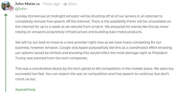 El ataque continúa. Amazon le dice a Parler que se vaya de sus servidores a medianoche de hoy. ¿Veis cómo no querían silenciar a Trump, sino a vosotros? La dictadura está en marcha, pero nos tendrá enfrente.