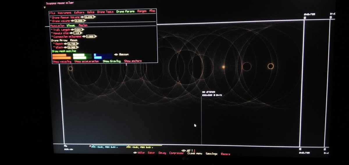 al_dinja's tweet photo. a line of fading drones with longgg trails modulating/animating along rotating vectors (default = horizontal / vertical = FM/AM) for hybrid FM/AM. #nosound #DIN50WIP also seen UI overlay with drones deeper in fade out #synth #microtonal #drone #atonal #aserial #dawless #digital https://t.co/oNP8Kd3gfL