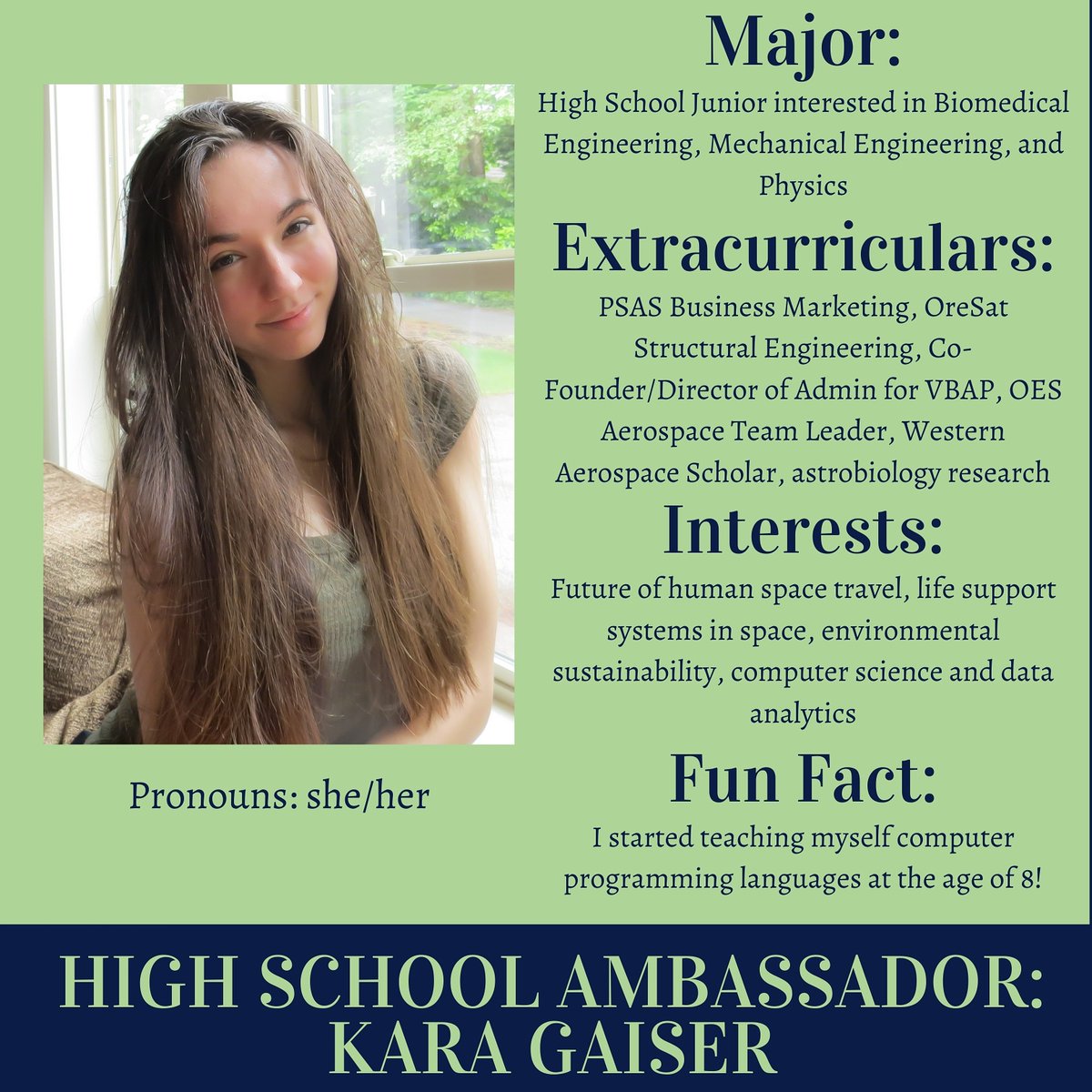 Meet our High School Ambassador, Kara Gaiser! Kara is a High School junior at OES. Interested in joining our team? Click the link in our bio to fill out the interest form or send us a message! Find your place in space.
#womeninaerospace #aerospace #space #womeninspace