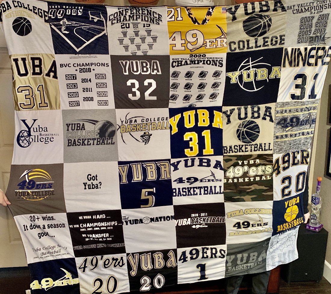 <a href="/DustyNiner/">Yuba College</a> <a href="/YubaAthletics/">Yuba Athletics</a> Took all our old game jerseys, practice gear, some shooting shirts and championship t-shirts and made them into a 20 year quilt. Came out awesome !!! #Yubafamily