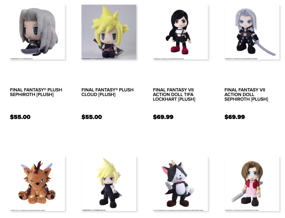 You can have Cait Sith and his mog separately, two Clouds, and Ka/d/aj (who Remake audiences are unfamiliar with), you can have everyone but Barret (and Cid and Red) Regarding Remake merch, everyone in the main cast but Barret has a plushie (ignore the first two based on WOFF)