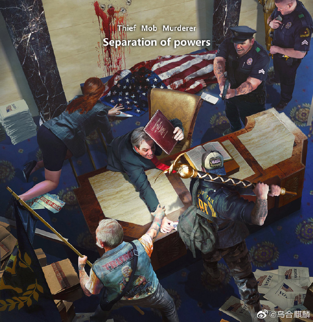 globaltimesnews's tweet photo. Well-known Chinese cartoonist Wuheqilin published his latest satirical art work titled "Separation of Powers” Sunday morning to "record the absurd yet true history". The art work depicts the mob's rioting that shook the US Capitol Hill, last week. https://t.co/HWsYOi6IH1