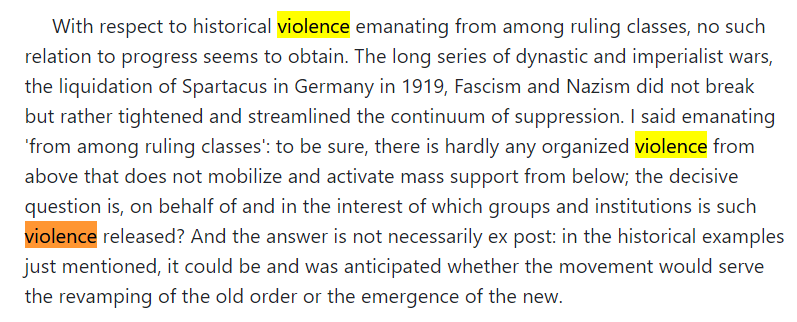 Technically, Marcuse isn't wholly wrong. He points out that violence emanating from "ruling classes" is unjustifiable and must be resisted (UH OH, WOKIES! TECHNOCRATS! DEMS! LINCOLN PROJECT!) and must be resisted, but he simplistically breaks this into left and right.