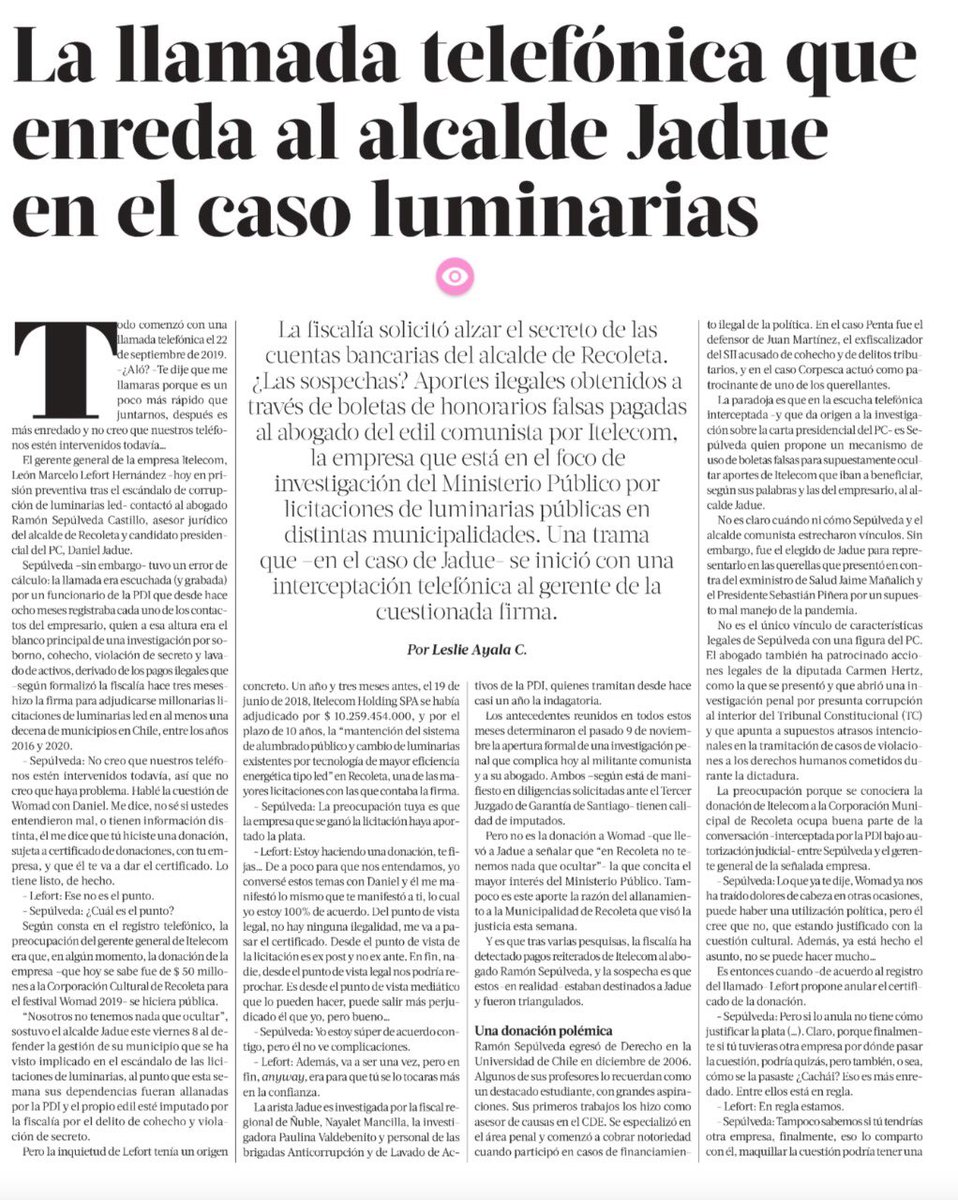 Tono_Coloma's tweet photo. Urgente impulsar #AgendaAnticorrupción !!!
Interceptación telefónica involucra a #Jadue con #EmpresaCorrupta en caso luminarias. 
Bien la fiscalia al allanar el municipio. Ahora es fundamental saber que paso con las decenas de millones de pesos en “falsas donaciones” https://t.co/VoS8BgJsRg