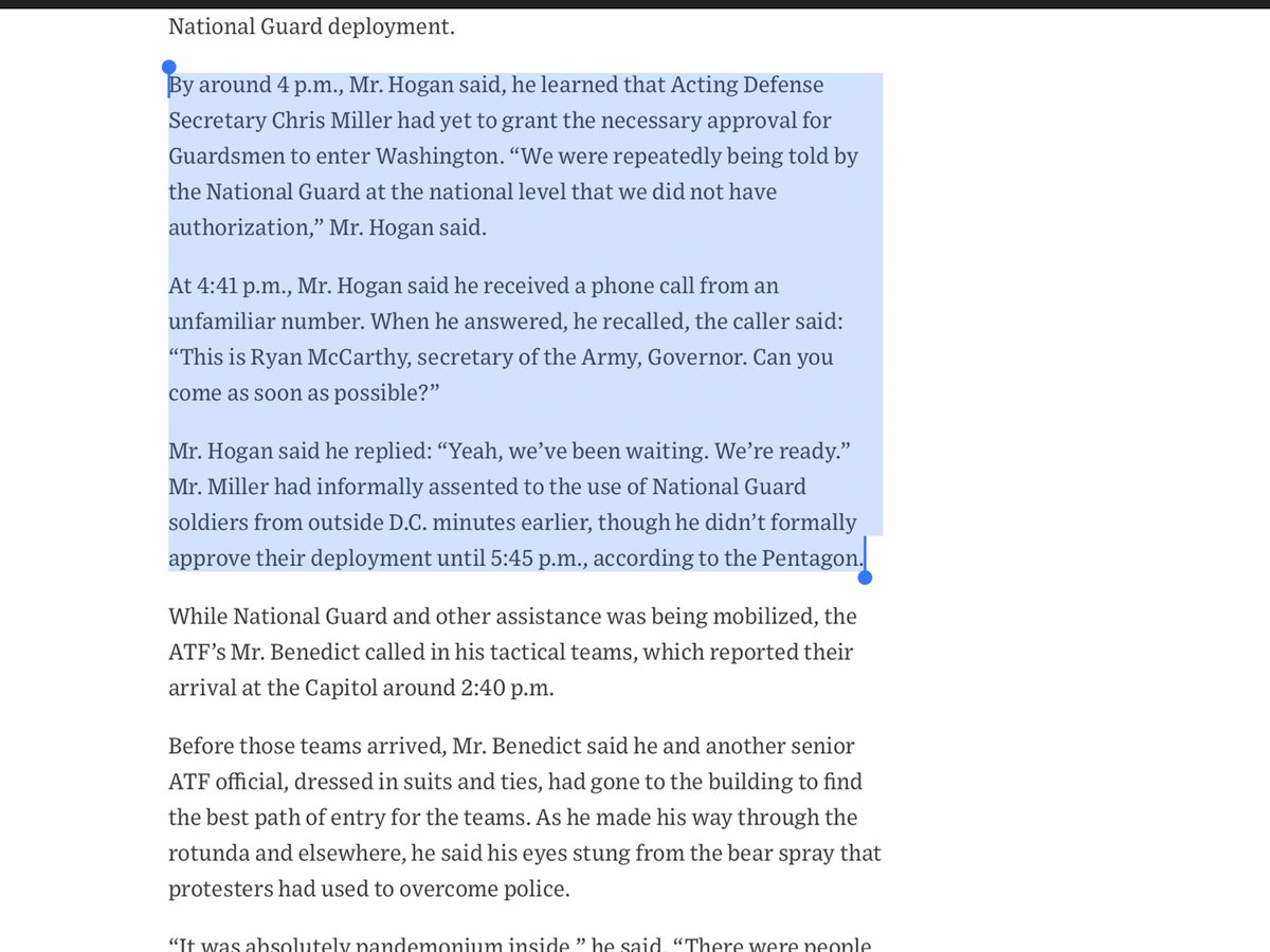 At 4:41 p.m., Hogan received a phone call from Army Sec McCarthy, asking if can send MD Gd ASAP. Hogan said yes, we’ve been waiting. Hogan told that Miller had verbally approved.5:45pm Miller formally approves deploymentfirst DC guard arrive at 5:30