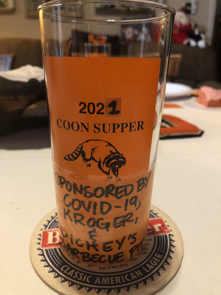 pollsk's tweet photo. The most exclusive event of the weekend was the 2021 Coon Supper, Pulaski County Edition, sponsored by #COVID19, @kroger, and @Dickeys. A good time was had by all three. #GillettYouBet https://t.co/vKynCO7mkc