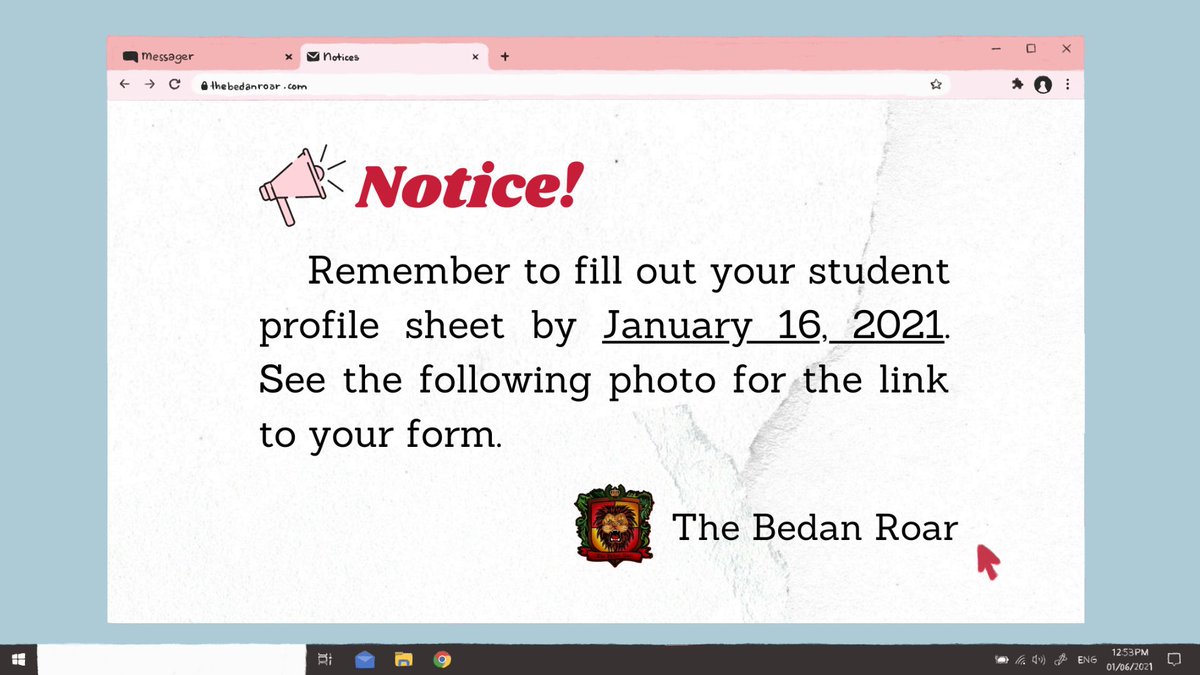 bedanroarsbca's tweet photo. Hello Grade 12!! 

Reminding you all to accomplish your profile sheets by January 16. The links to the forms are also provided for you! https://t.co/y57N1As8Z0