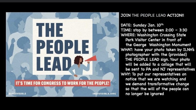 IndivisibleLNH's tweet photo. #ILNH members & local friends: Action Alert!๐จ๐จ๐จJoin us tomorrow (Sun 1/10) 2-3:30 at the Washington Crossing visitor center for #ThePeopleLead! #Indivisible https://t.co/aUL7J5Rm8Q