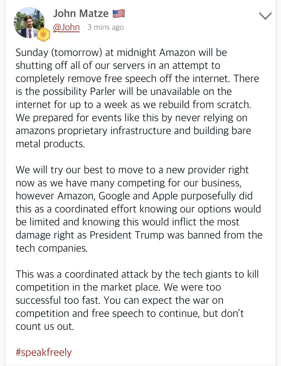 culttture's tweet photo. Parler CEO John Matze's statement on Amazon's decision to shut off Parler's server access.

https://t.co/8YOcqkTqzJ https://t.co/G3JzlPg09D