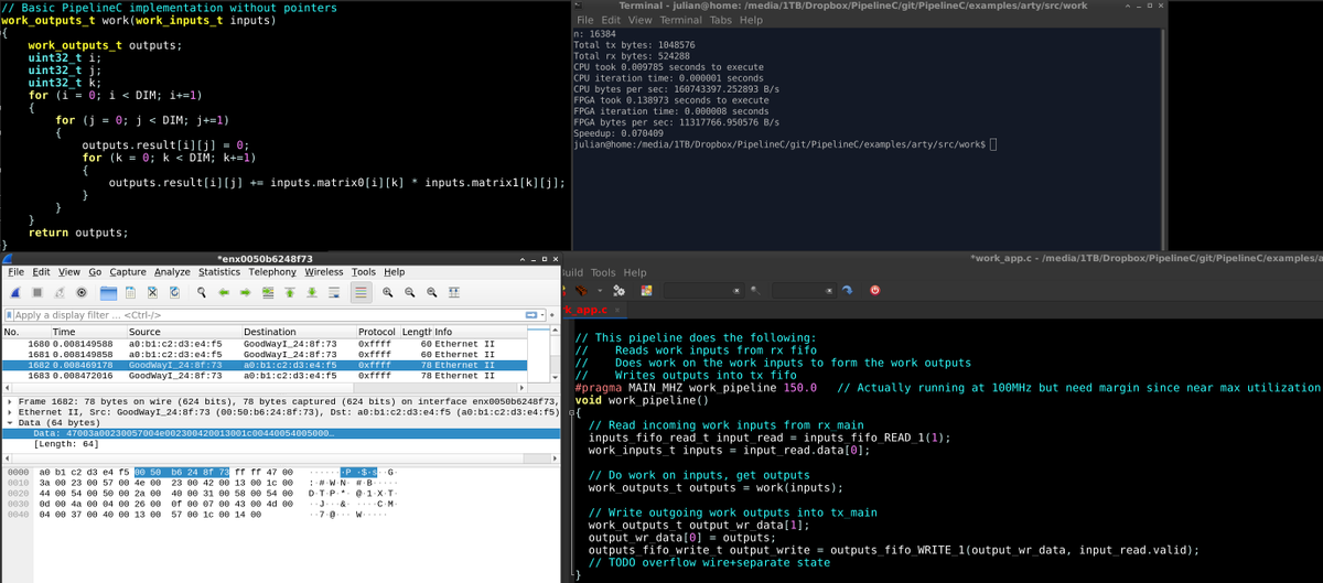 pipelinec_hdl's tweet image. Quick threw together a fun - but ultimately slow - network attached 4x4 int16_t matrix multiplier #fpga perhaps onto a simple NN layer or two next #pipelinec