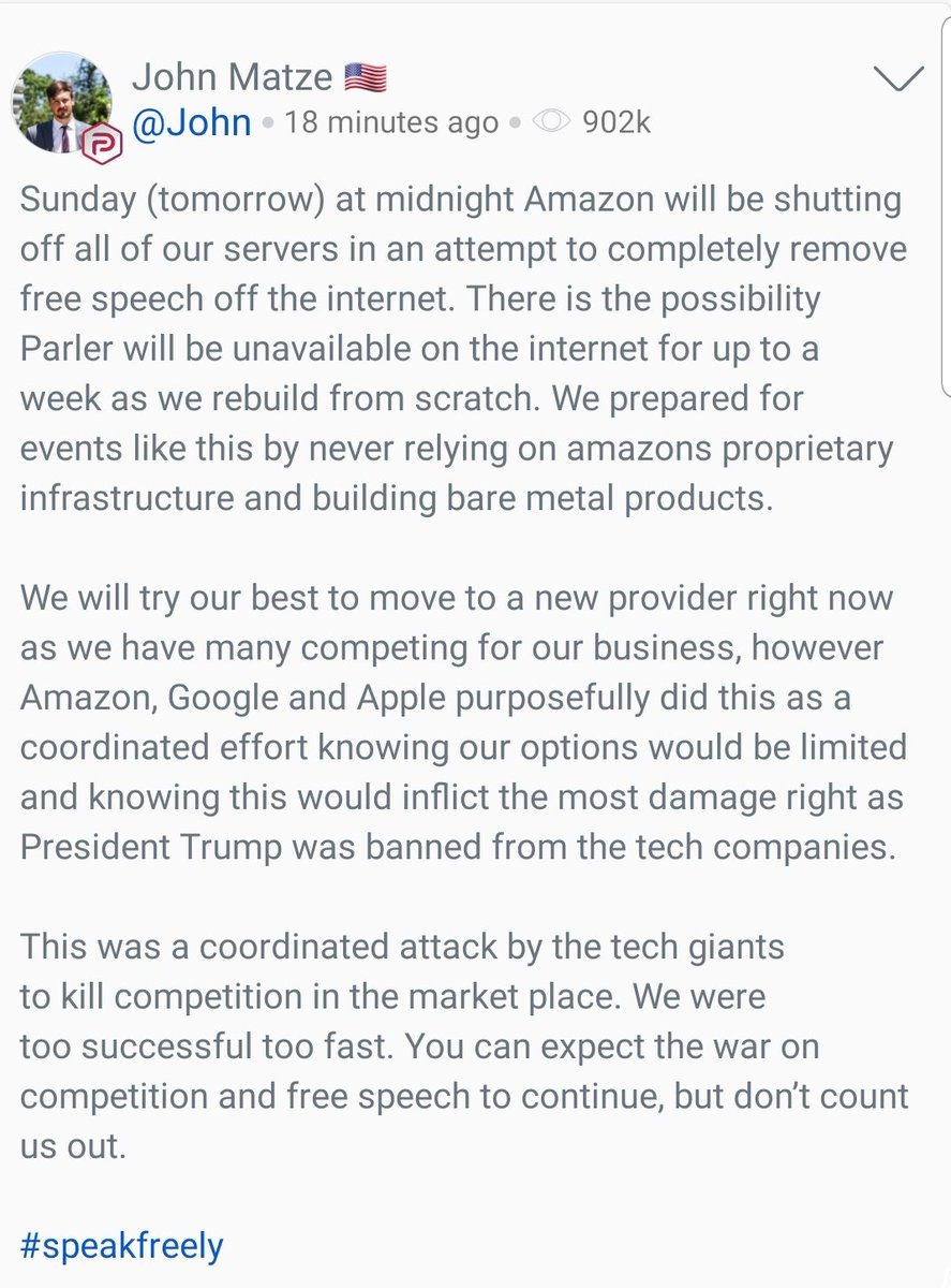 Statement from John Matze, CEO of Parler... they will build their own servers and rebuild Parler after this coordinated attack on conservative speech.