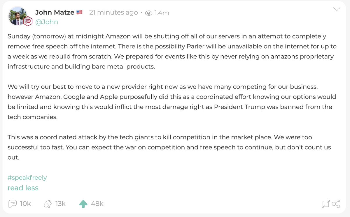 Amazon is shutting down the Parler servers at midnight tomorrow night, according to Parler CEO John Matze 👇👇👇