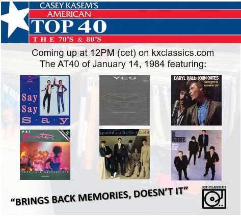 KXclassics's tweet image. At the start of 1984 ‘Say Say Say’ by Paul McCartney was at the top of the chart. Tune in to the American Top 40 of January 14 1984 at 12PM (cet) on kxclassics.com