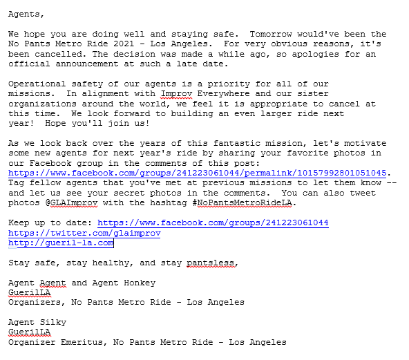 glaimprov's tweet photo. No Pants Metro Ride 2021 - Los Angeles is CANCELLED.  See this message from the organizers. https://t.co/HIpUd9Jf5H