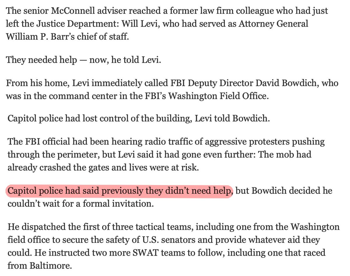 New story from WaPo tonight. Far and away the most damning account yet. In fact it is incredible and nearly implausible.1. FBI was notified by a private lawyer, not USCP.2. USCP knew crowd size and the urgency of concerns well ahead of time. https://www.washingtonpost.com/politics/inside-capitol-siege/2021/01/09/e3ad3274-5283-11eb-bda4-615aaefd0555_story.html