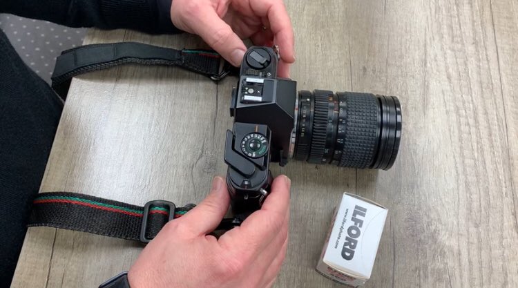 Andy’s advice for loading film:
•Open the back of the camera 
•Pop in the film on the left and pull it across, lining up the sprocket holes with the camera’s sprockets
•Wind it on
•Close it and take a couple of frames. If the rewind crank moves, it’s wound correctly