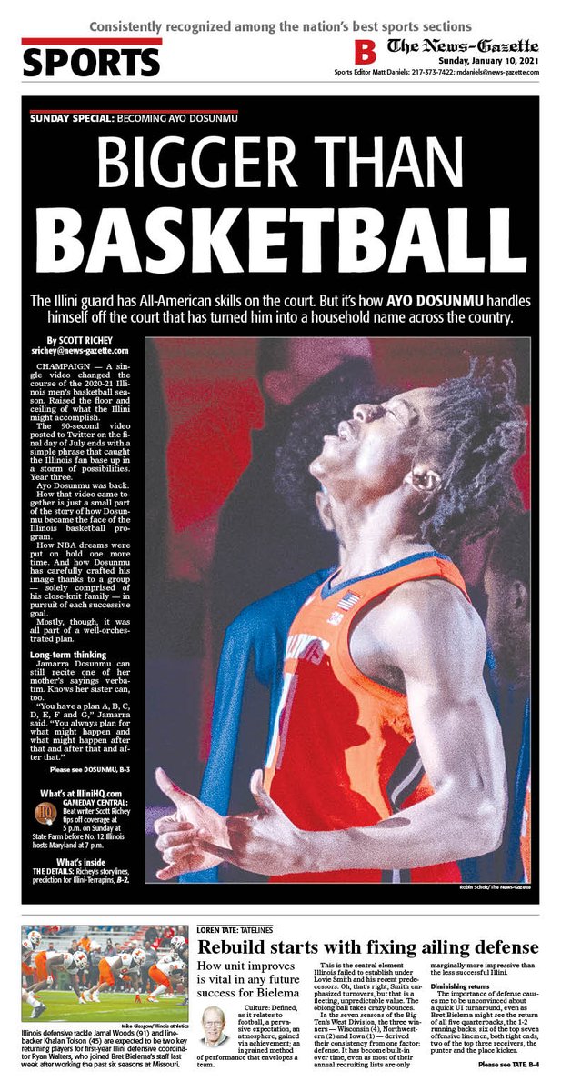 IlliniHQ's tweet photo. Sneak peek at Sunday's @news_gazette sports covers (and inside page devoted to #Illini hoops) feauring @srrichey on Ayo Dosunmu (@AyoDos_11), plus @Tatelines on #Illini football and @clikasNG has local experts weigh in on the area high school basketball scene.

@APSE_sportmedia https://t.co/BZKirfwFiw