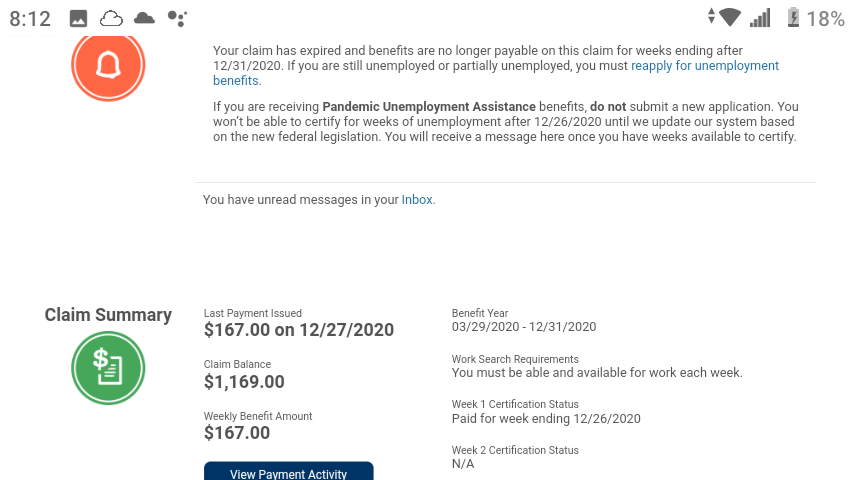 ericlopez0303's tweet photo. @CA_EDD I just received this notice in my inbox today.not sure if its old &amp; I just barley got the mess..Still confused not sure if I should reapply or just wait still Everything is the same on the home page &amp;certify page.Should I wait or file a new claim Still have a balance I'm on pua. https://t.co/f7HvLtshOS