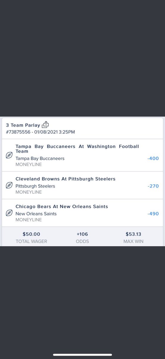 ParlaysLine's tweet image. Reminder we are playing 4u on this play. We hit it for 2u .. looked it over some more and hit it for 2 more units. 

Bucs ML ✅
Saints ML
Steelers ML 

#AllBetSlipsPosted
