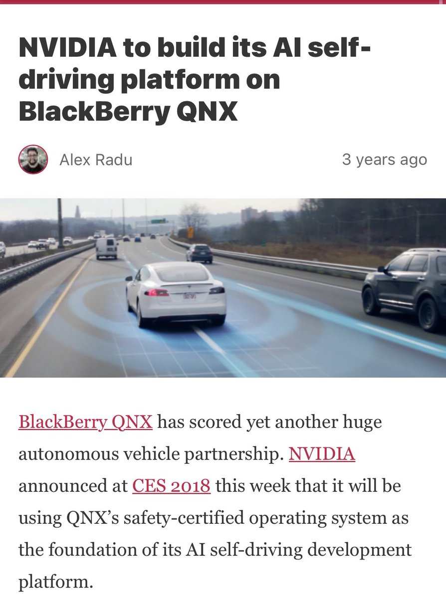 In 2018,  $NVDA to build its AI self-driving platform on  $BB QNX