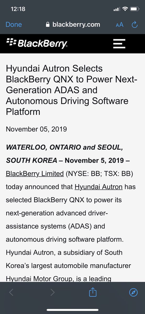 In 2019, Hyundai Autron Selects  $BB QNX to Power Next Generation ADAS and Autonomous Driving Software Platform