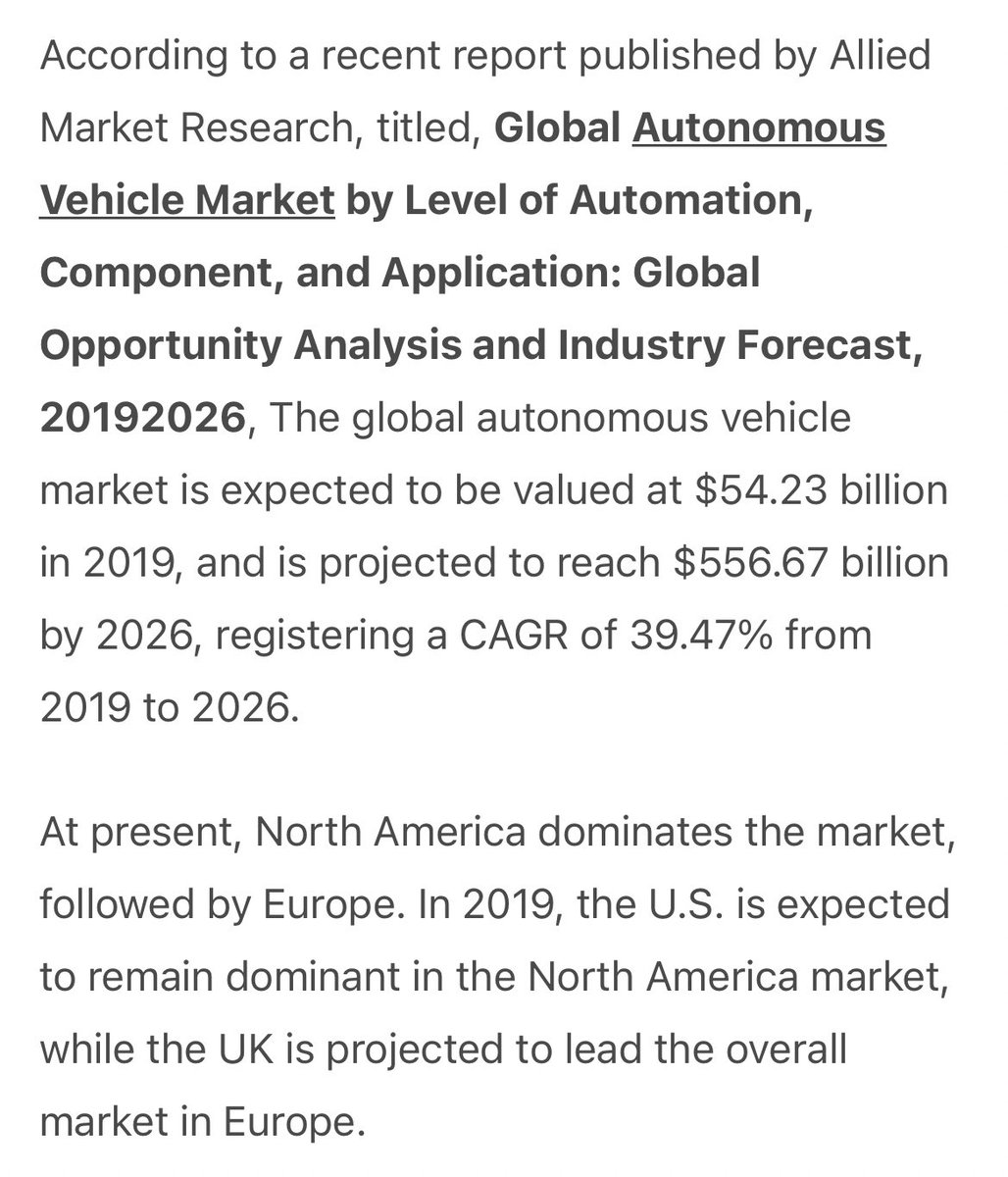 According to a recent report published by Allied Market Research, titled, The global autonomous vehicle market is expected to be valued at $54.23 billion in 2019, and is projected to reach $556.67 billion by 2026, registering a CAGR of 39.47% from 2019 to 2026.