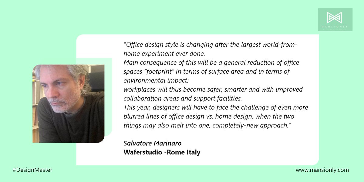 mansionly's tweet photo. Introducing our #DesignMaster Salvatore Marinaro- Rome Italy. 
Let us know what he had to say when asked about his views on the future of office interior design trends in the covid-19 era. 

#officedesign #designmaster #internationalartist #officeinteriordesign #futuredesign https://t.co/I02ueTKo2t