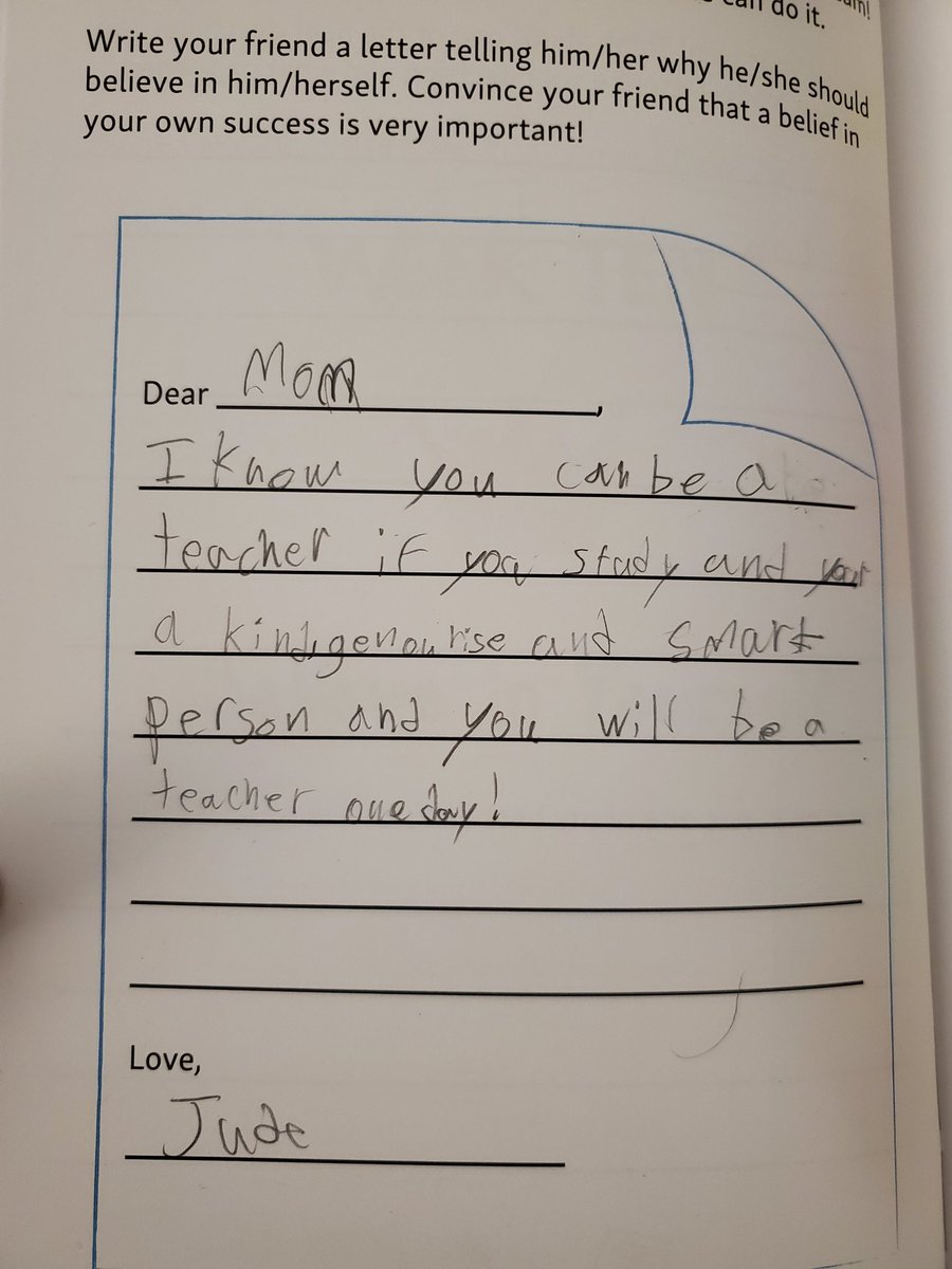 JoleenBinder's tweet photo. When your son writes that you are kind, generous, and smart and will one day be a teacher, you have no choice but to ugly cry. 
#goodtears #teacherintraining #almosthalfway https://t.co/KPMEUh5OIs