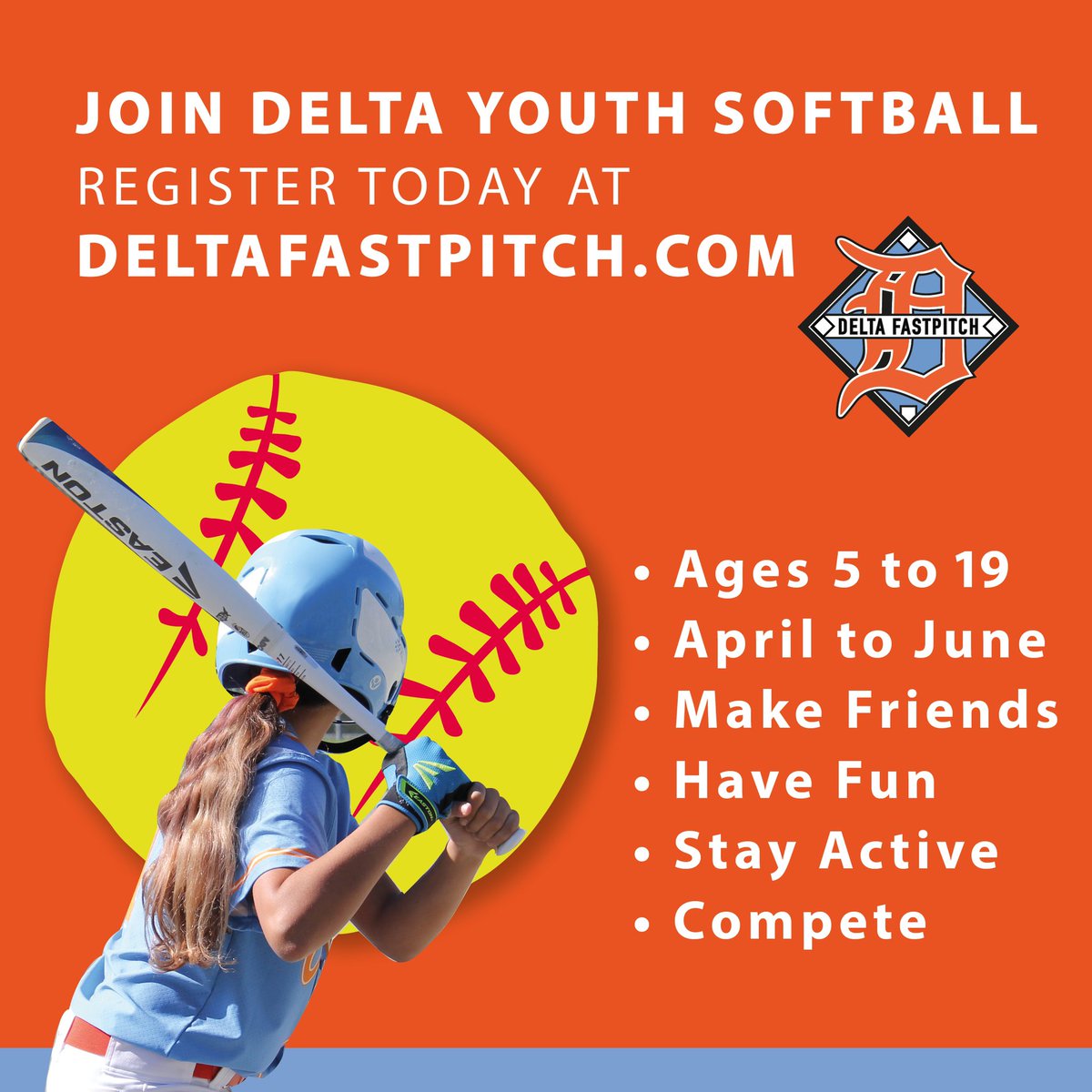 Registration for our 2021 softball season is open for all House age groups: LTP, U8, U10, U12, U14, U16 and U19. Register at deltafastpitch.com before Feb.1st to take advantage of the early fee. Plus, get a $25 rebate when you refer a new U8 or U10 player (details online).
