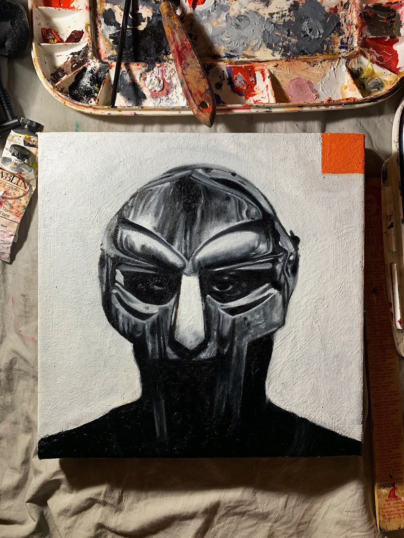 MF DOOM. 10x10 oil on canvas.
happy birthday, rip 