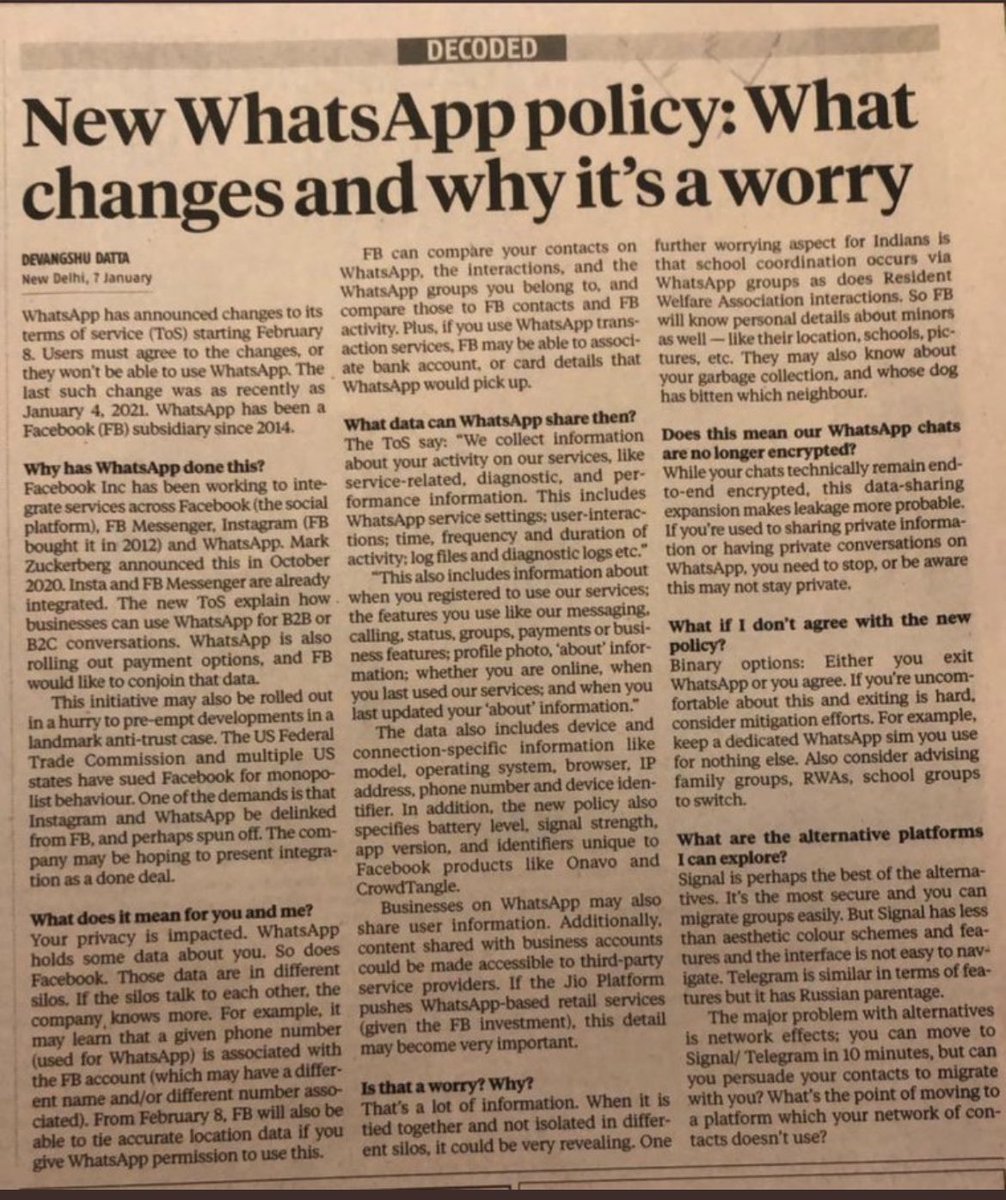 #WhatsAppPrivacyPolicy allows data sharing of consumers sensitive information,<a href="/MinistryofST/">Ministry of Science & Technology</a>⁩ is considering introducing a strong data protection law to protect citizens privacy,instead of unilateral approach such policy changes should have been made after wider consultation