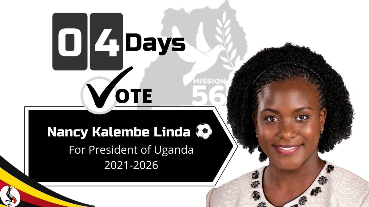 NancyKalembe's tweet photo. 4 days left to the ballot!
Vote: #NancyKalembeForPresident⚽ ✅
#Mission56
#UgandaVotes2021
#UGDecides2021 https://t.co/SRLp9FhwYF
