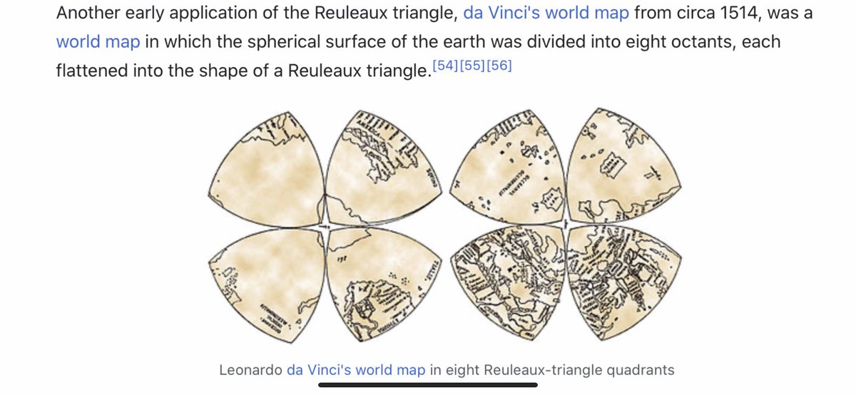 I think we have to expand our thinking about the toroidal sphere even more. When looking at maps, I noticed the da Vinci map, from 1514, which uses the Reuleaux Triangle. This triangle is formed from 3 intersecting circles, and is in the center of a trefoil.