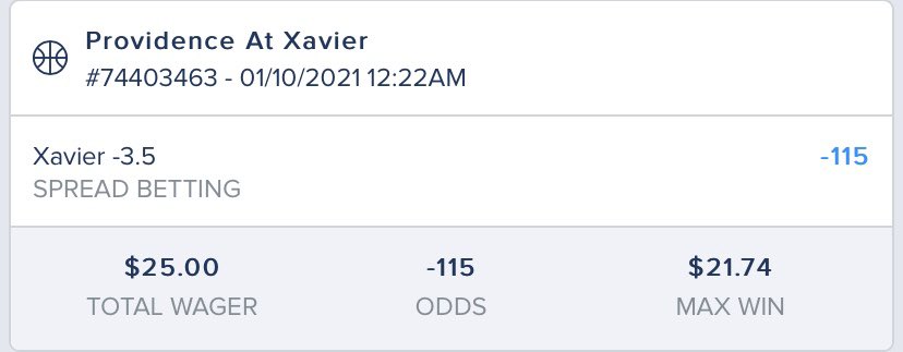 ParlaysLine's tweet image. Early play tomorrow at 11 AM before we get started with the #NFL 

Xavier -3.5

1 unit. 

Xavier is deeper, better shooting team. This will be close by I think Xavier wins by 6+ 

#AllBetSlipsPosted