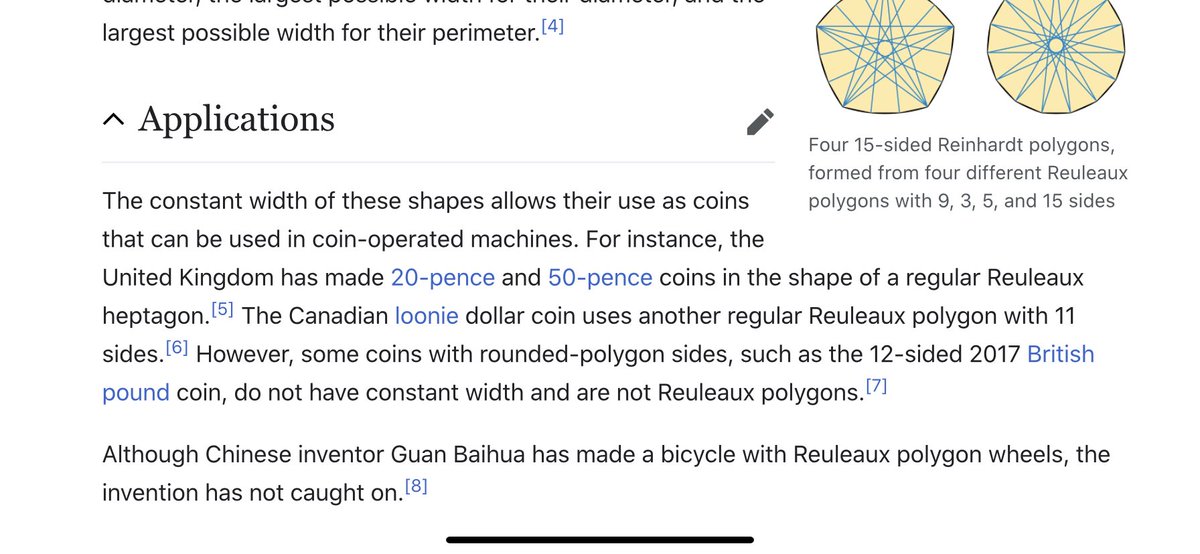 The wiki page makes it seem like there isn’t much of importance with the Reuleaux Triangle, besides being used for coinage, or some stupid bike. But the Wankel engine is an interesting engine, using this geometric design  https://en.m.wikipedia.org/wiki/Wankel_engine