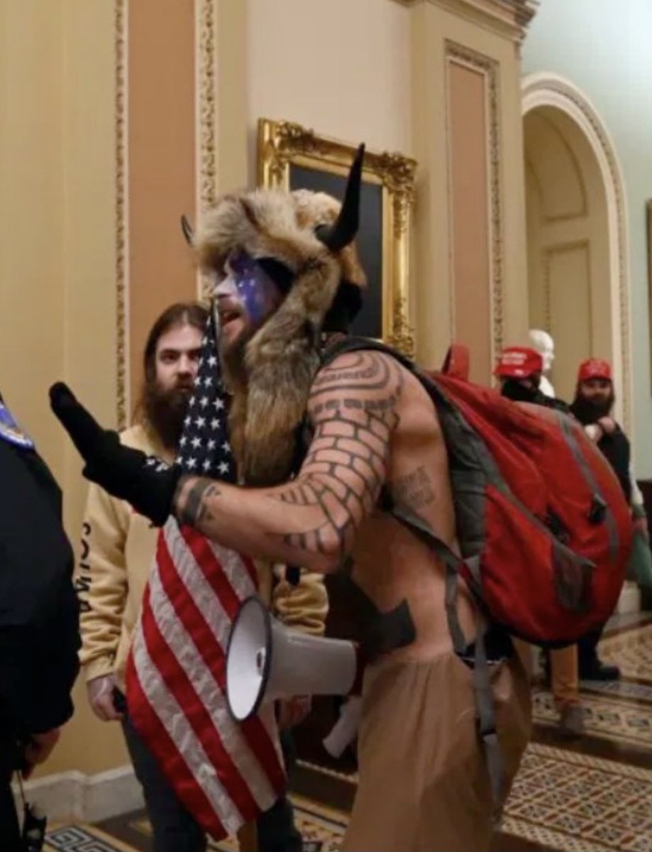  #QAnon idiot Jacob Anthony Chansley, has been arrested and is currently in jail. #FelonyMurderRule  #insurrection