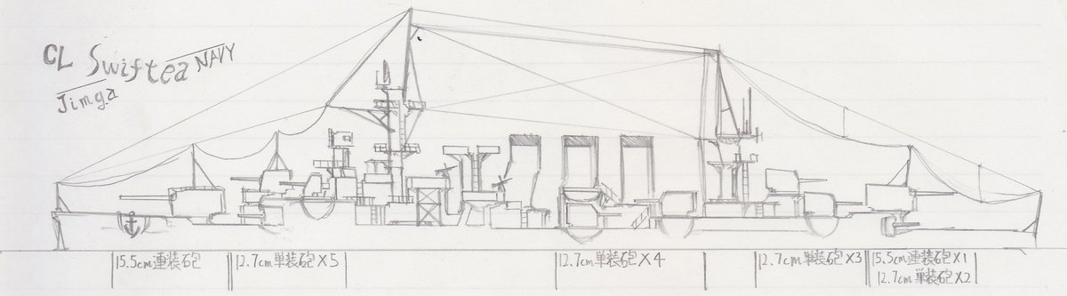 KogetsukaSumire's tweet photo. #年始架空艦祭り　#架空艦
#Jimga
名称　Swiftea(スウィフティア)　軽巡洋艦
主砲　15.5cm連装砲　2基
副砲　12.7cm単装砲　14基
対空　機関砲・機関銃等　多数 https://t.co/grkoNbOO3R