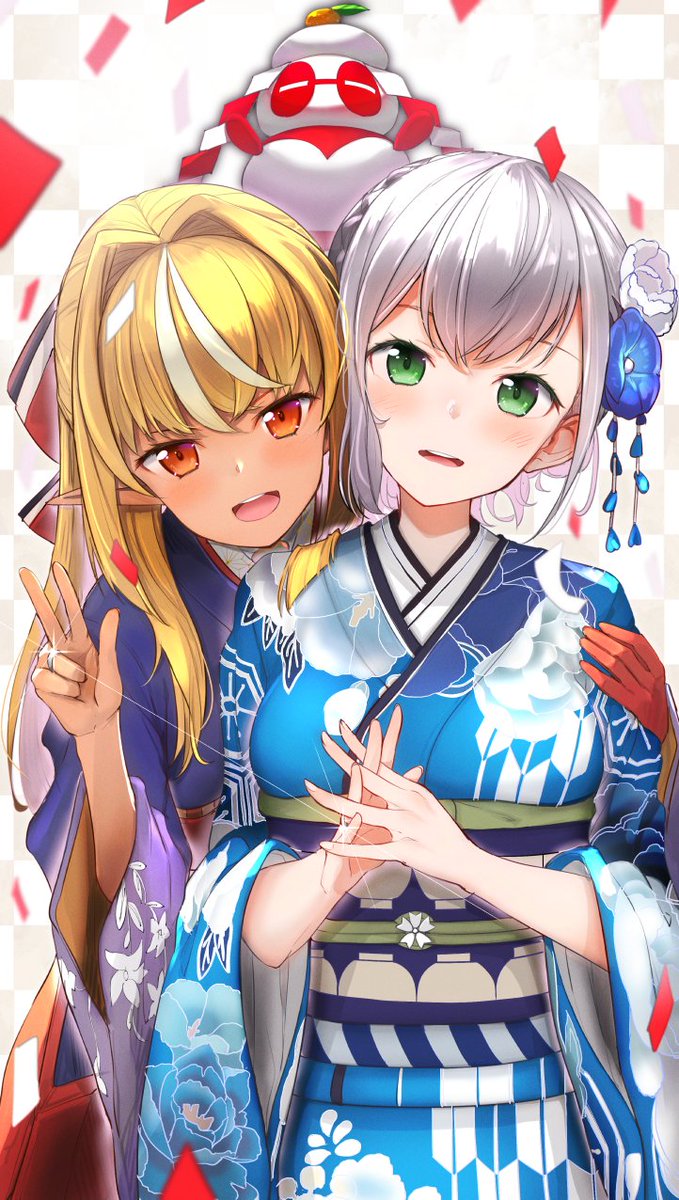 shiranui flare ,shirogane noel multiple girls 2girls blonde hair kimono grey hair pointy ears japanese clothes  illustration images