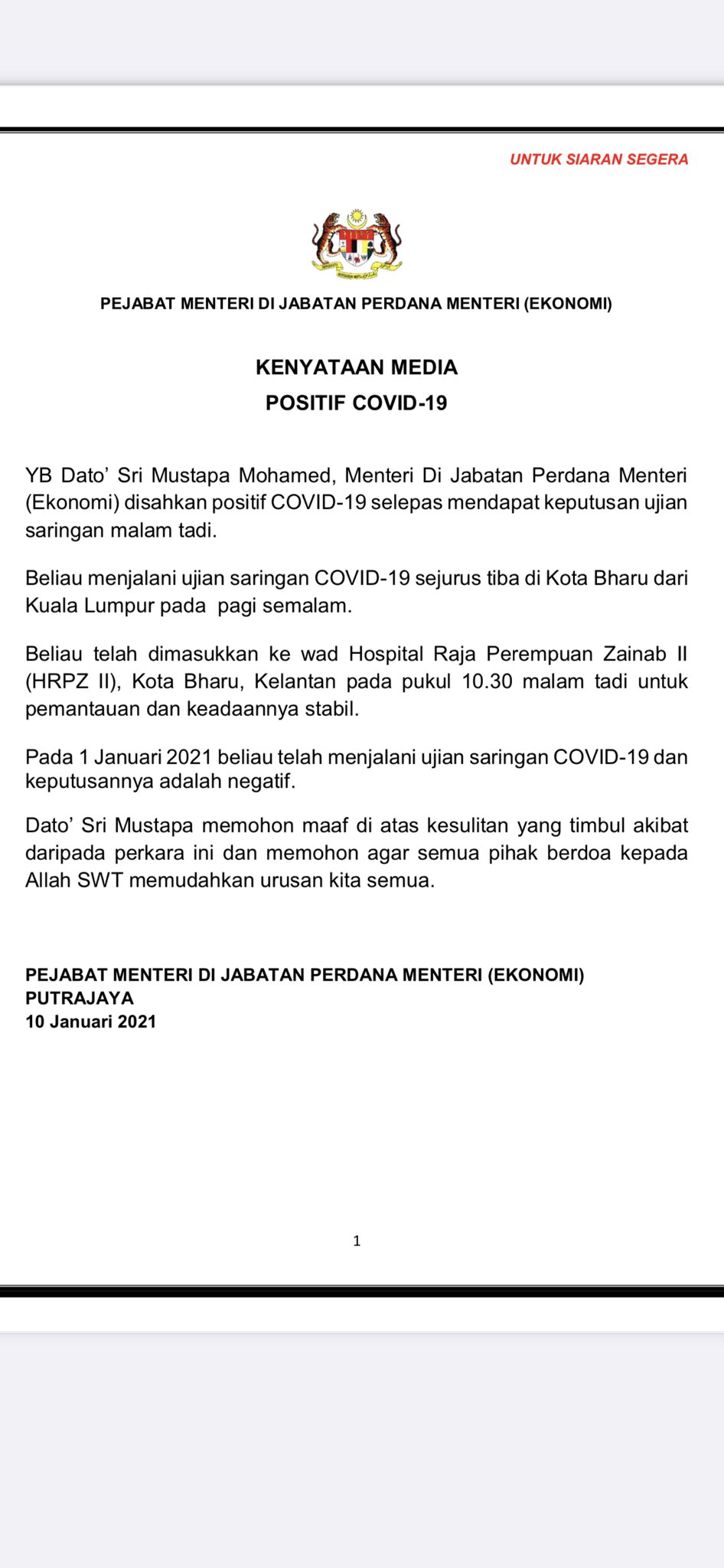 Melissa Goh On Twitter Minister In Pm S Department In Charge Of Economy Mustapa Mohamed Has Been Tested Positive Of Covidー19 He Was Admitted To Raja Permaisuri Zainab Ii Hospital In Kota