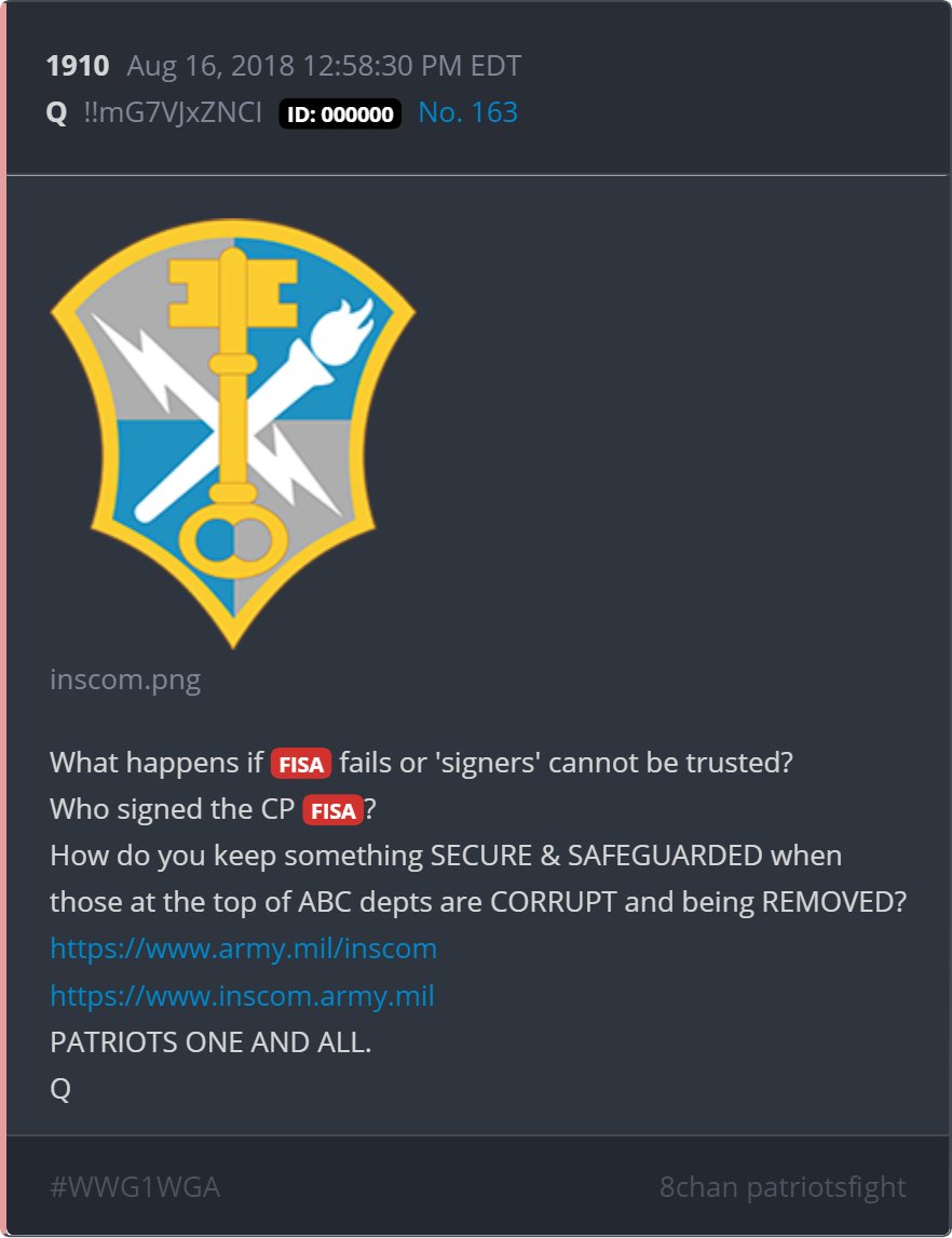 In a state of Martial Law, Intelligence can be utilized in different ways, including FISA. The military has the authority to issue FISA warrants as well.FISA works both waysWe needed to collect data and see who was infiltrated, how deep it went and where it all lead(20/24)