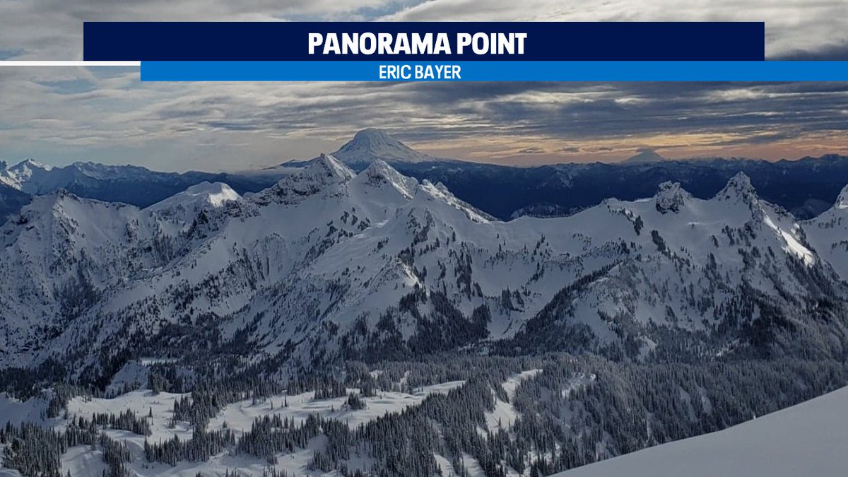 ErinMayovsky's tweet photo. What a fantastic picture by Eric Bayer from @mtrainier at #PanoramaPoint You can see Mt. Adams and Mt. Hood in the background. Snow levels will climb this week. We'll see some rain at the passes with heavy snow higher up. #Q13FOX https://t.co/ime4xVaL4L