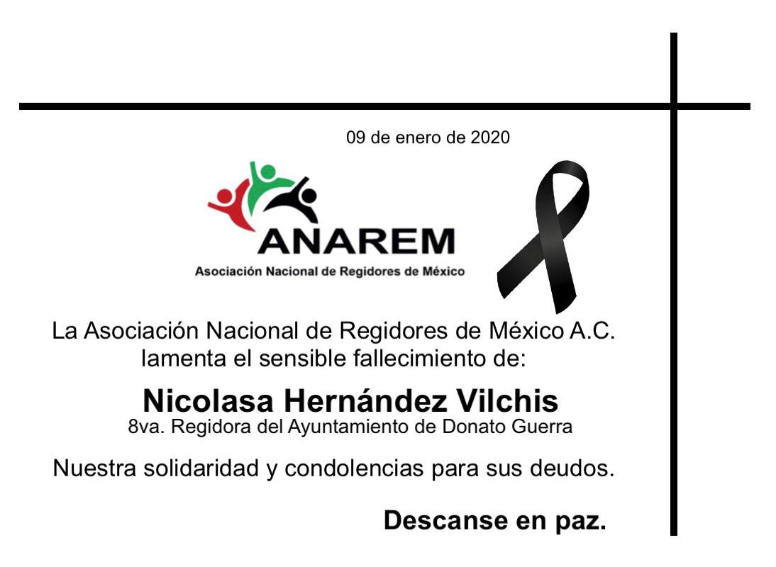 Lamentamos el sensible fallecimiento de nuestra compañera Nicolasa Hernández Vichis, Regidora del Ayuntamiento de Donato Guerra, Estado de México.