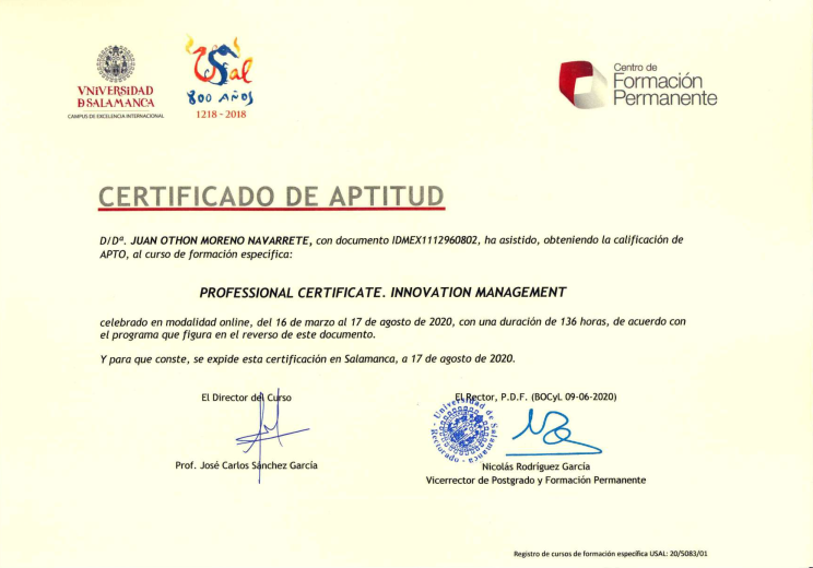 juanMorenoNav's tweet photo. Con gusto comparto la certificación del curso sobre gestión de la #Innovación, impartido por #doinGlobal y la #UniversidadDeSalamanca, tema amplio que va desde la creación de una cultura hasta la #protecciónintelectual, pasando por #creatividad, #modelosdenegocio y #consultoría https://t.co/a7vfPCranX