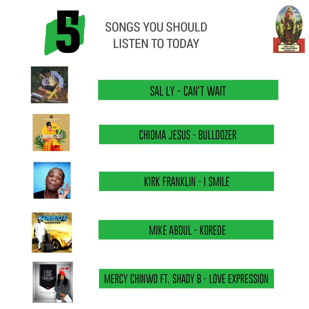Tacn_Offin's tweet photo. Let this songs give you the inspiration needed to worship God today.

1. @SalxSally - CAN'T WAIT
2. @iamchiomajesus  - BULLDOZER
3. @kirkfranklin - I SMILE
4. @mikeabdulng - KOREDE
5. @MMercychinwo ft. Shady B - LOVE EXPRESSION https://t.co/Nv2hAuUJYD