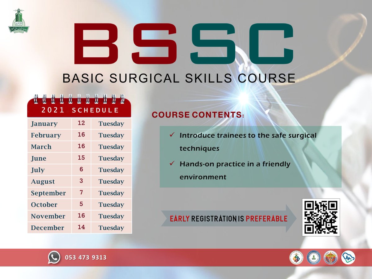 ‼️ 2 0 2 1 - C A L E N D A R ‼️
             - B  S  S  C -
- Basic Surgical Skills Course -
Hurry up &amp; Secure your Seat 
by registering thru traumasurgkau.com
Or contacting us thru Whatsapp 
#0534739313

<a href="/Dralmarhabi/">Dr.Almarhabi, Yahya</a> 
<a href="/CSSCKau/">ClinicalSkills&SIM</a> 
<a href="/doctorksa/">DoctorKSA Medical</a> 
<a href="/GlobalMedEvents/">Medical Events 🇸🇦</a> 
<a href="/KAUHospital/">الـمـسـتـشـفــى الـجـامـعــي</a>