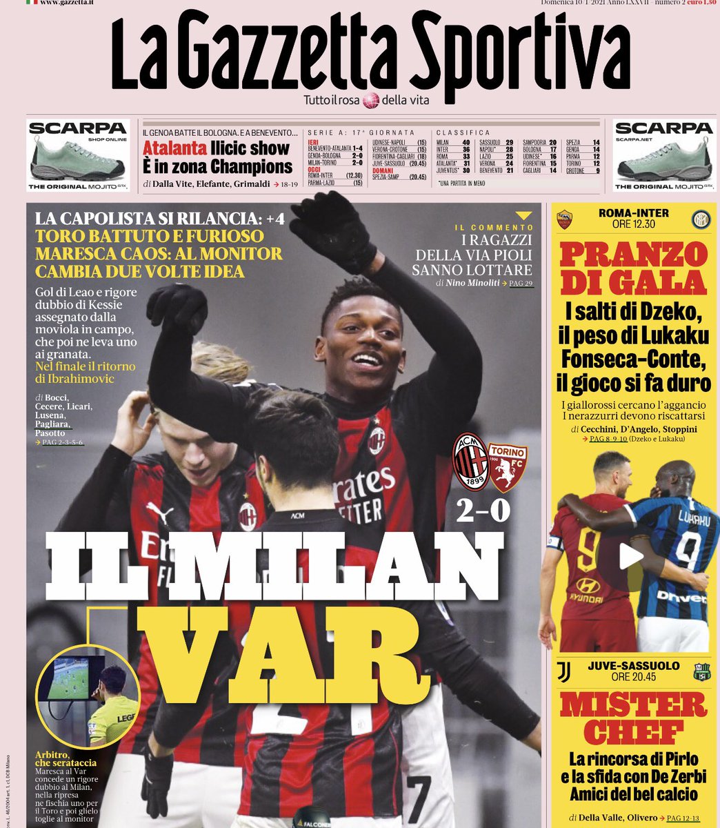 ZZiliani's tweet image. Ripensandoci è proprio così: senza il VAR il #Milan sarebbe penultimo con 12 punti e il #Torino primo a 40. Per fortuna esiste ancora un’informazione libera, senza padroni, che eroicamente ce lo ricorda.
#MilanTorino
#Gazzetta
#Cairo