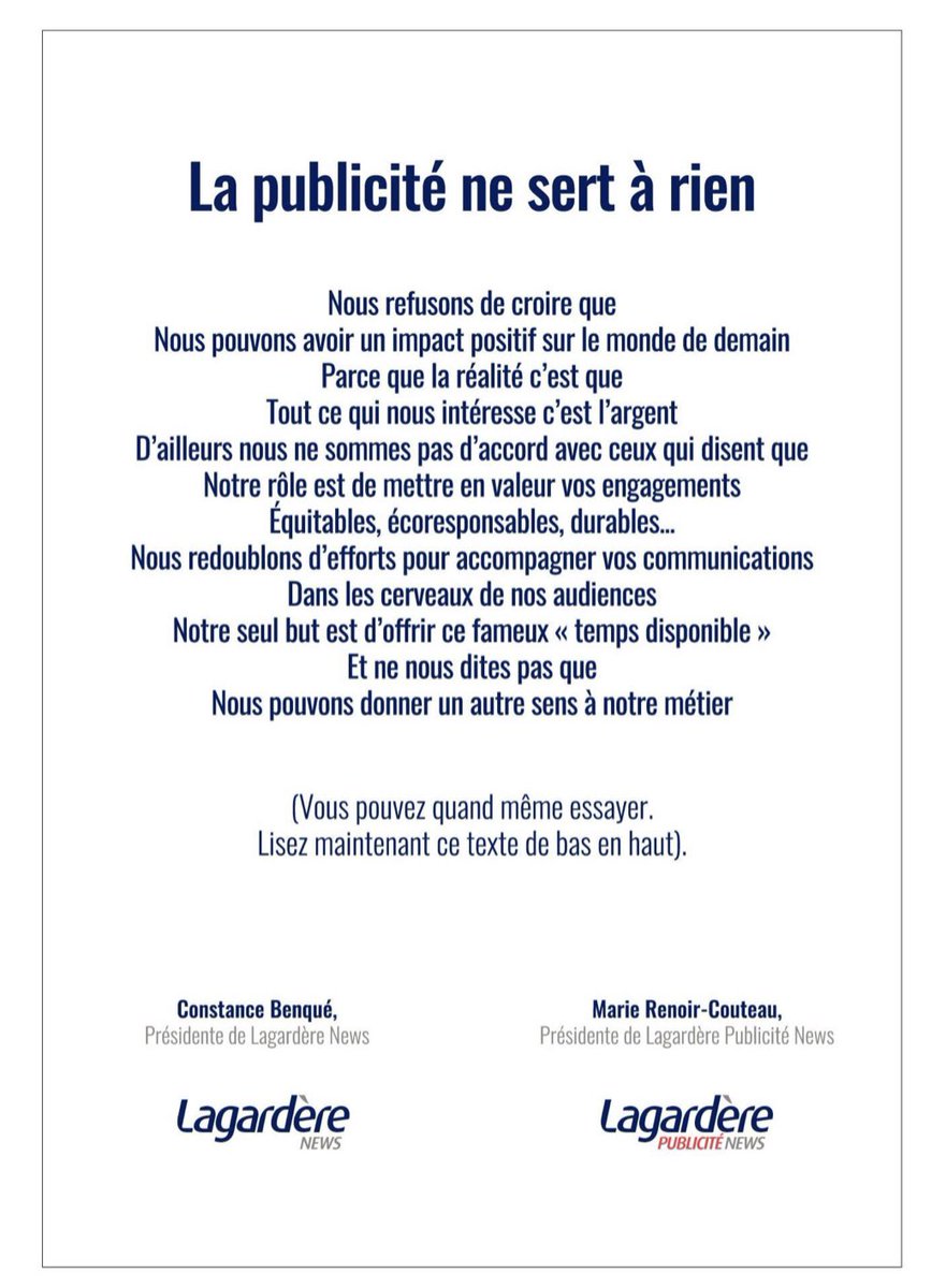 Ot_nora's tweet image. #communication
A lire de haut en bas
A relire de bas en haut
👏🏽 @LagarderePNews 👏🏽

Non seulement #LaComEstUnMetier mais en plus il est utile
@EtatsG_Com @Uniondesmarques 
#pub #advertising #positiveimpact 
Cc @sophieboumendil @BeaMandine @fredfougerat @EricTONGCUONG @HerveMonier