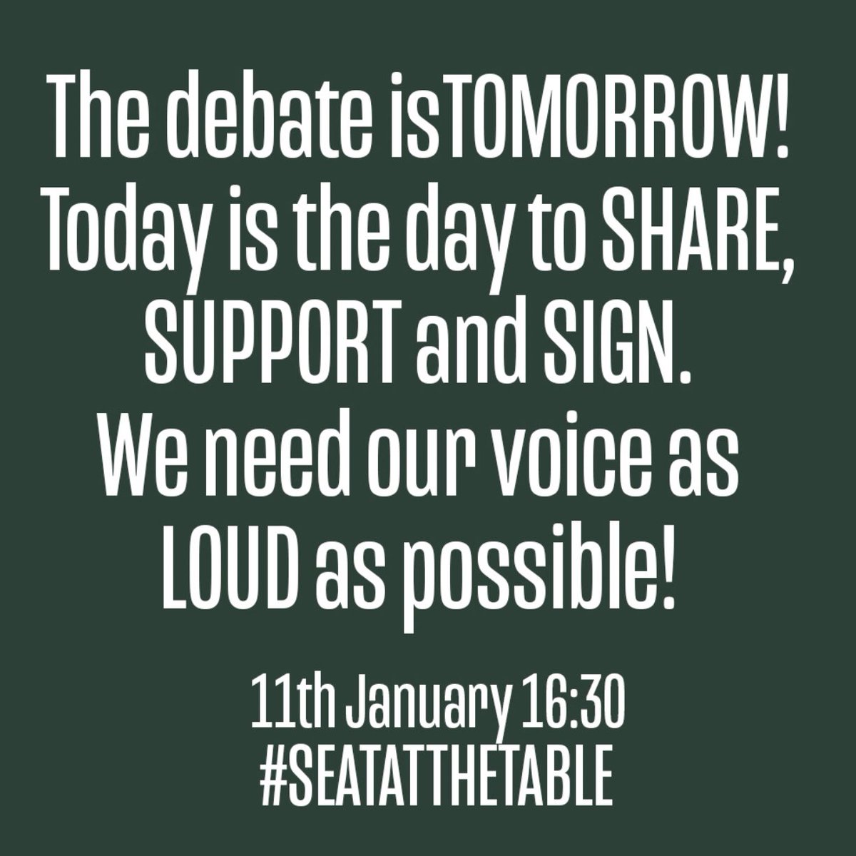 We are still blown away by hitting 200k signatures on the petition but with the debate TOMORROW - the time is now or never. Thank you all SO MUCH for your support, but we need to ask for your help again 1 last time! #seatatthetable SIGN NOW! petition.parliament.uk/petitions/5522…
